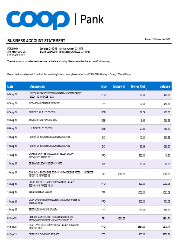 Modèle Word et PDF de relevé de compte courant de la société Coop Pank